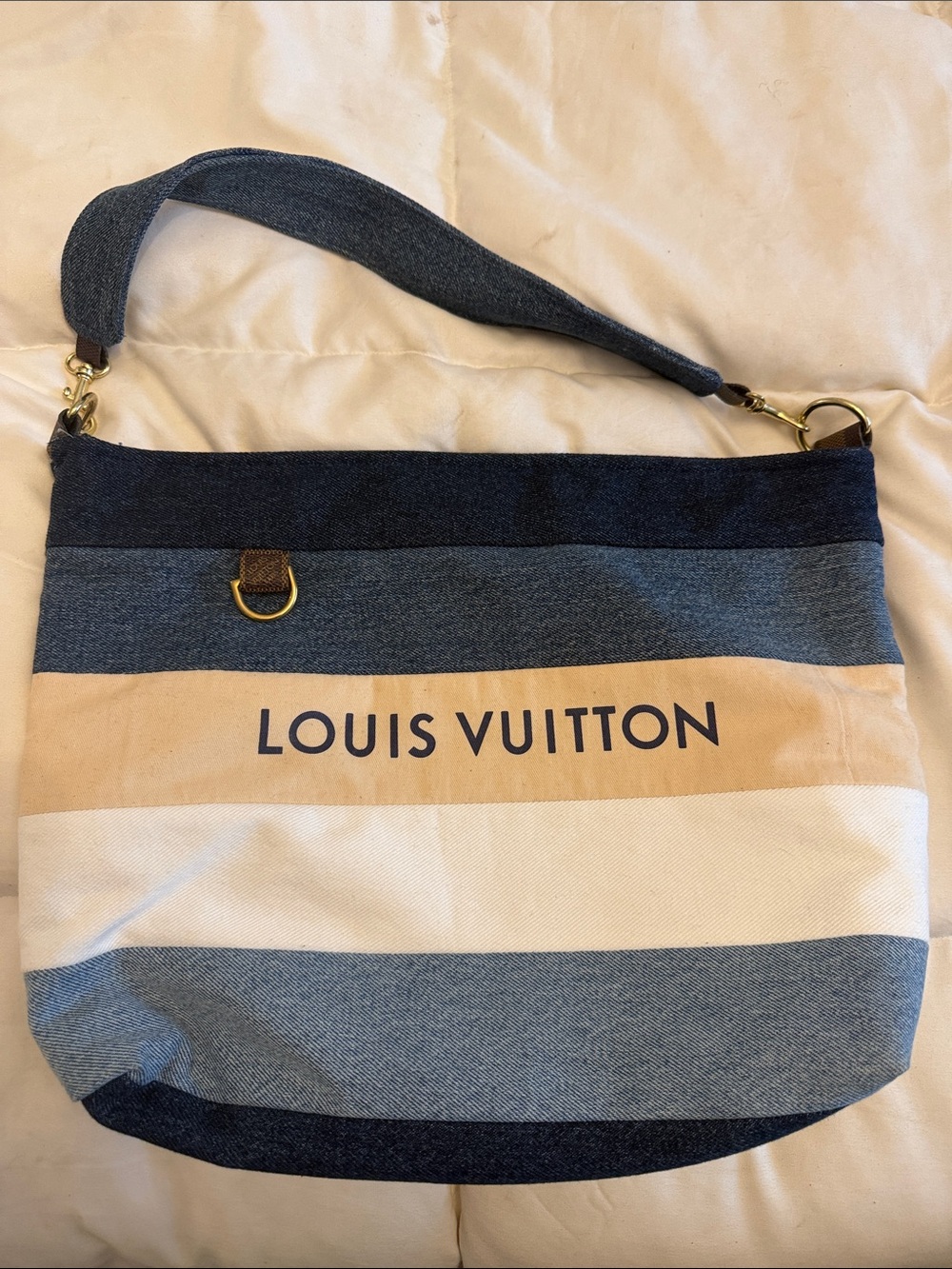 Repurposed Louis Vuitton Dust Bag & Denim, Cream & Tan Striped Canvas Shoulder
